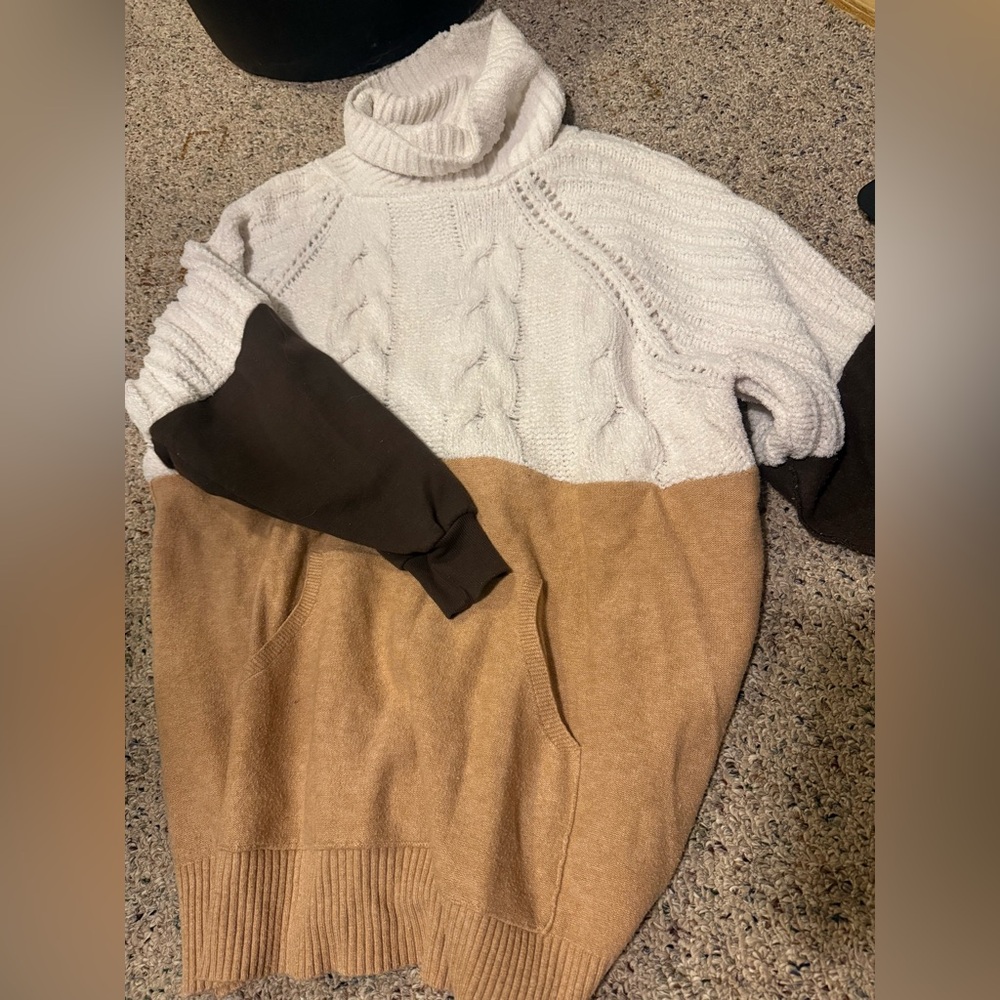 moon & madison Cable Knit Turtleneck Sweater - Cream, Brown, and Tan